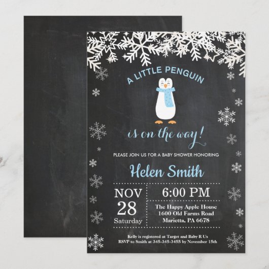 Penguin Winter Snowflake Boy Baby shower Kaart (Voorkant / Achterkant)