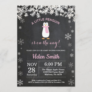 Penguin Winter Snowflake Girl Baby shower Kaart