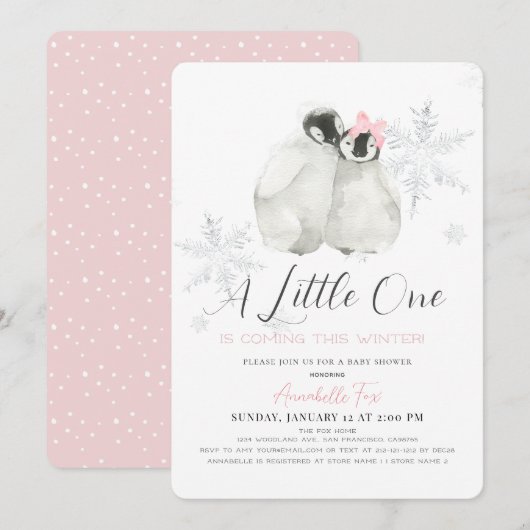 Penguin Winter Snowflake Pink Girl Baby shower Kaart (Voorkant / Achterkant)