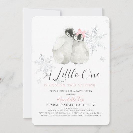 Penguin Winter Snowflake Pink Girl Baby shower Kaart (Voorkant)