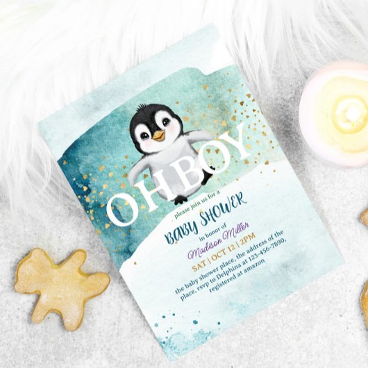 Penguin Winter Theme Cute Baby Shower Kaart