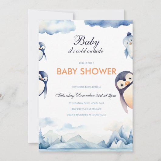 Penguin Winter Wonderland Baby shower Uitnodiging (Voorkant)
