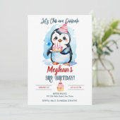 Penguin winterverjaardagsfeestje bewerkbare sjablo kaart (Staand voorkant)