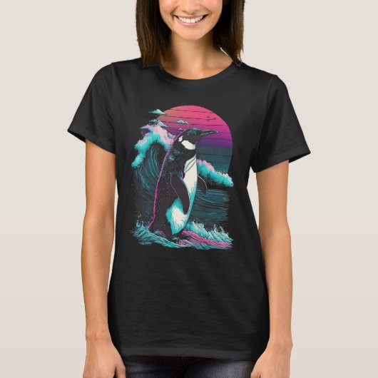 Penguin with a Retro Twist Sunset Vaporwave Aesthe T-shirt (Voorkant)