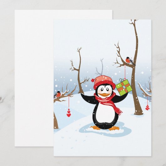 Penguin with Christmas gift winter landscape Feestdagenkaart (Voorkant / Achterkant)