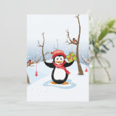 Penguin with Christmas gift winter landscape Feestdagenkaart (Staand voorkant)