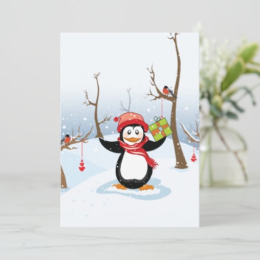 Penguin with Christmas gift winter landscape Feestdagenkaart (Staand voorkant)