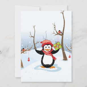 Penguin with Christmas gift winter landscape Feestdagenkaart