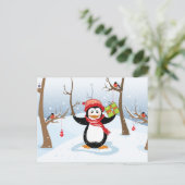 Penguin with Christmas gift winter landscape Feestdagenkaart (Staand voorkant)