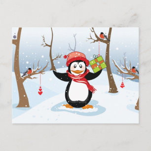 Penguin with Christmas gift winter landscape Feestdagenkaart