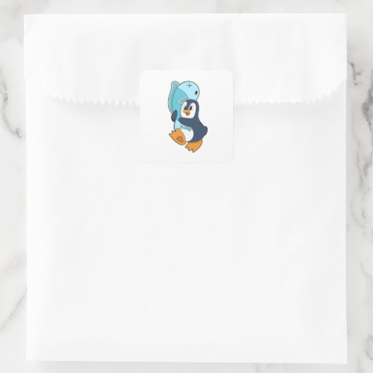 Penguin with Fish Vierkante Sticker (Tas)