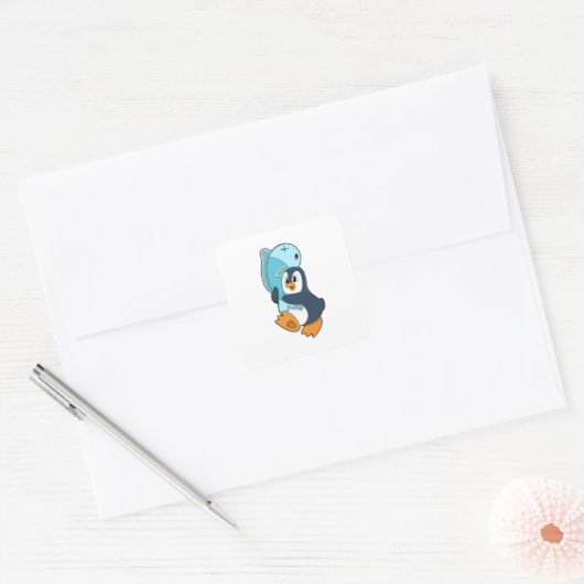 Penguin with Fish Vierkante Sticker (Envelop)