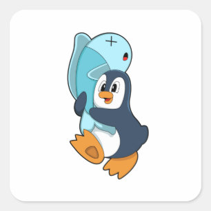 Penguin with Fish Vierkante Sticker