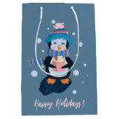 Penguin with Hot Cocoa Blue Holiday Gift Bag Medium Cadeauzakje (Voorkant)