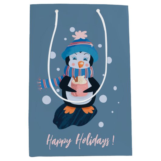 Penguin with Hot Cocoa Blue Holiday Gift Bag Medium Cadeauzakje (Voorkant)