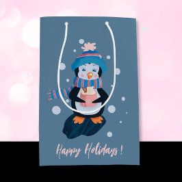 Penguin with Hot Cocoa Blue Holiday Gift Bag Medium Cadeauzakje