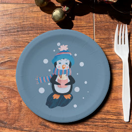 Penguin with Hot Cocoa Blue Holiday Paper Plate Papieren Bordje