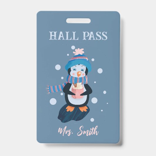 Penguin with Hot Cocoa Winter Blue Hall Pass Badge (Front)
