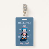 Penguin with Hot Cocoa Winter Blue Hall Pass Badge (Voorkant met clip)