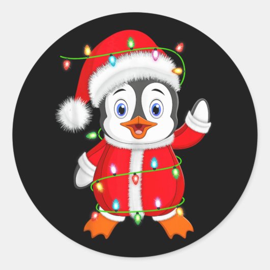 Penguin Xmas Verlichting Santa Kostuum Penguin Chr Ronde Sticker (Voorkant)