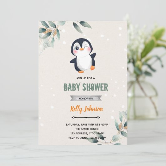 Penguin zoo dieren douche verjaardaguitnodiging kaart (Staand voorkant)