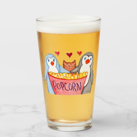Penguins and Popcorn Glas (Voorkant gevuld)