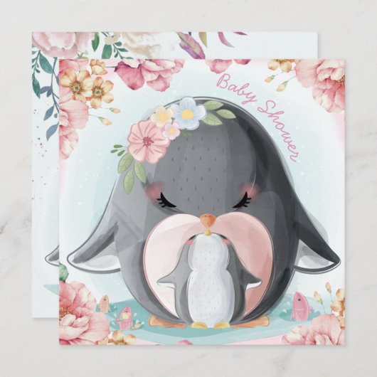Penguins Baby shower Invitation Kaart (Voorkant / Achterkant)