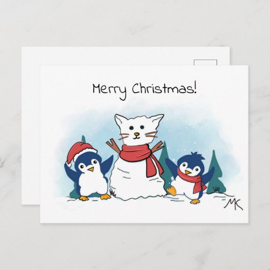 Penguins building a snowman christmas  feestdagenkaart (Voorkant / Achterkant)