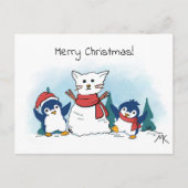 Penguins building a snowman christmas  feestdagenkaart (Voorkant)