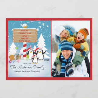 Penguins Family of 3 Holiday Kerstfotokaart Kaart