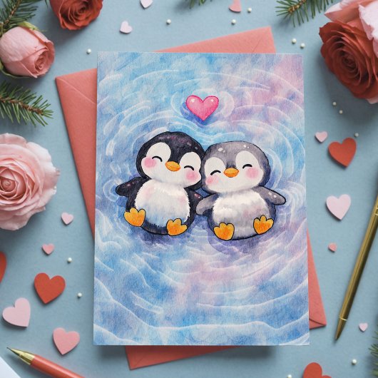 Penguins Float In Love Sweet Watercolor Valentine Kaart