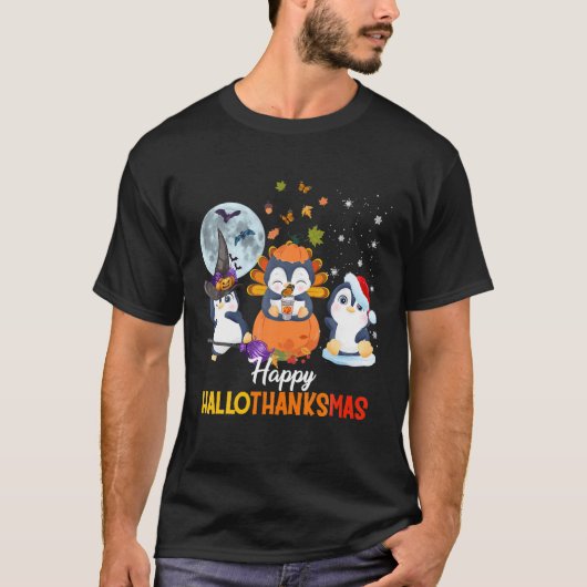 Penguins Halloween en Merry KerstHappy Hallo T-shirt (Voorkant)