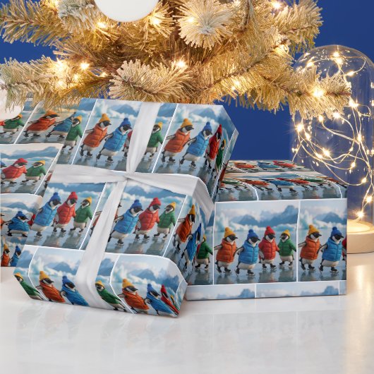 Penguins Ice Skating On an Arctic Lake Cadeaupapier (Feestdagen)