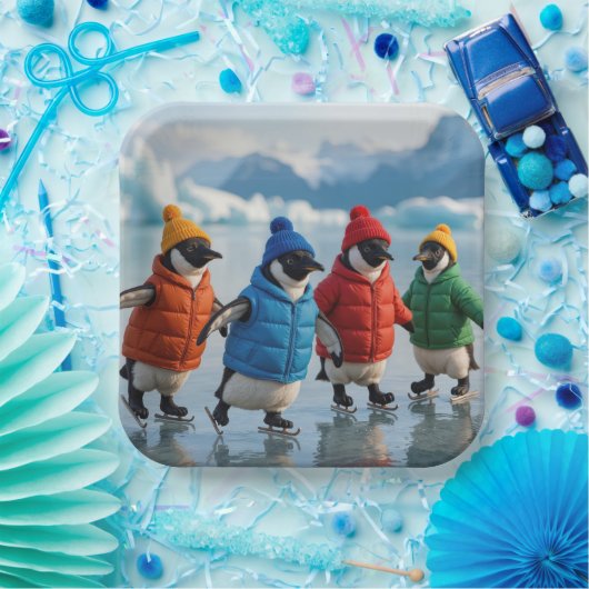 Penguins Ice Skating On an Arctic Lake Papieren Bordje (Feest)