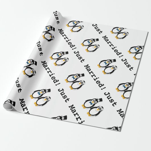 Penguins "Just Married!" Linen Wrapping Paper Cadeaupapier (Uitgerold)