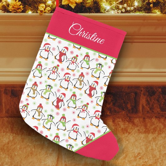 Penguins Red en Green Pattern Kleine Kerstsok