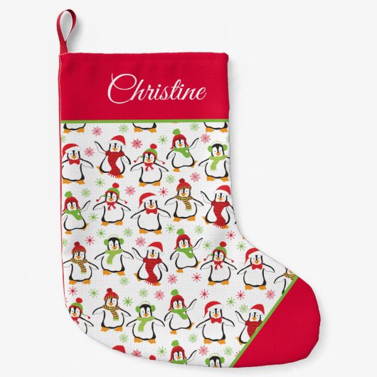 Penguins Red en Green Pattern Kleine Kerstsok (Voorkant)