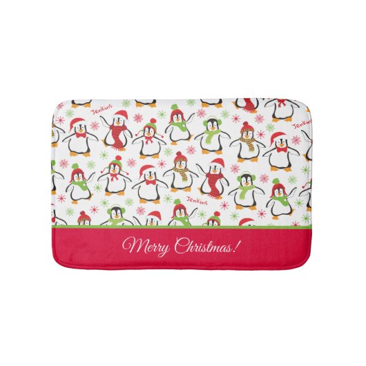 Penguins Red en Green Pattern Merry Kerstmis Badmat (Voorkant)