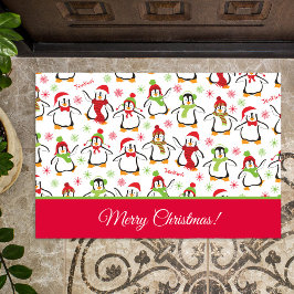 Penguins Red en Green Pattern Merry Kerstmis Deurmat