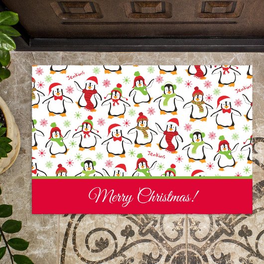 Penguins Red en Green Pattern Merry Kerstmis Deurmat