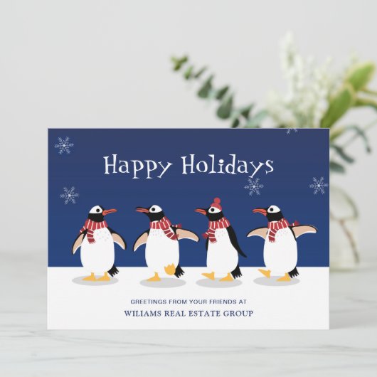 Penguins Red Scarf kerst Corporate Greeting Feestdagenkaart (Staand voorkant)