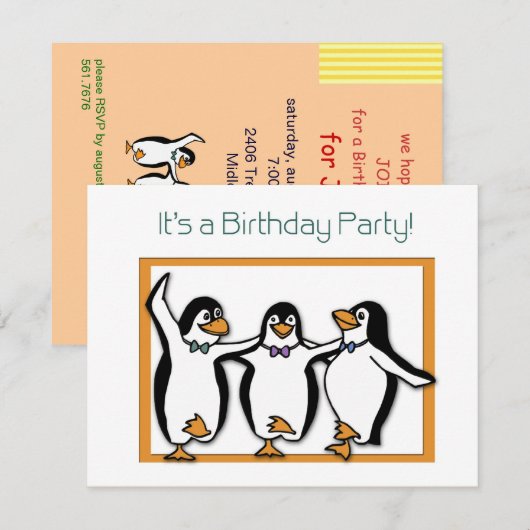 Penguins verjaardagsfeestje uitnodiging (Voorkant / Achterkant)