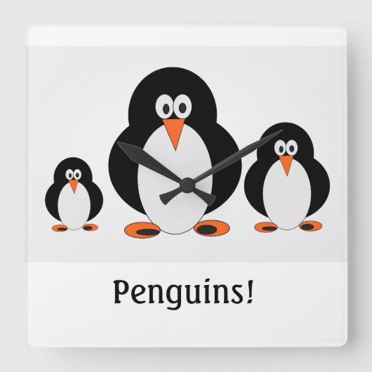 Penguins Wall Clock w/custom text option Vierkante Klok (Voorkant)