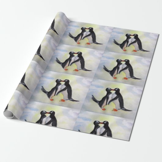 Penguins Watercor Art Matte Wrapping Paper Cadeaupapier (Uitgerold)