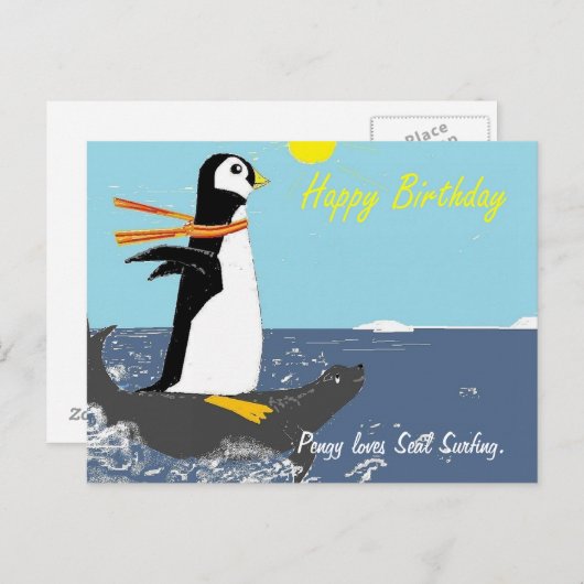 Pengy houdt van zeehondensurfen. briefkaart (Voorkant / Achterkant)
