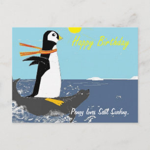 Pengy houdt van zeehondensurfen. briefkaart