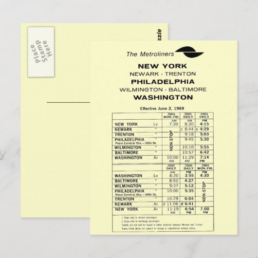 Penn Central Railroad Metroliner Timtable Briefkaart (Voorkant / Achterkant)