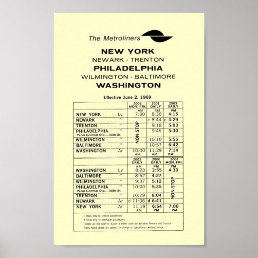 Penn Central Railroad Metroliner Timtable Poster (Voorkant)