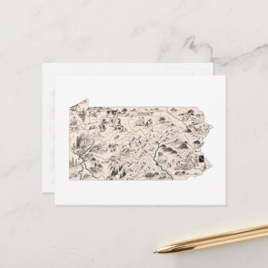 Pennsylvania  Afbeelding Map Antiek Briefkaart (Voorkant / Achterkant in situ)