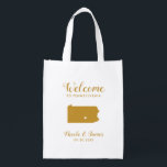 Pennsylvania Destination Wedding Welcome Bag, Gold Boodschappentas<br><div class="desc">Het weekend van de bruiloft heet cadeautas voor gasten uit de stad voor je bruiloft,  met afbeelding uit Pennsylvania,  met hart dat je op de precieze locatie kunt plaatsen. Vul tas met je favoriete godies.</div>